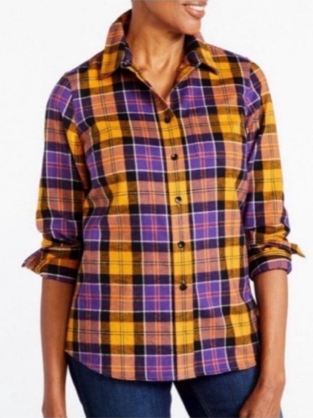 L.L.Bean Women’s Scotch Yellow & Purple Plaid Relaxed Button Down Shirt Like New